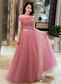 Picture of Pretty Off Shoulder Pink Floor Length Junior Party Dresses , Pink Bridesmaid Dress